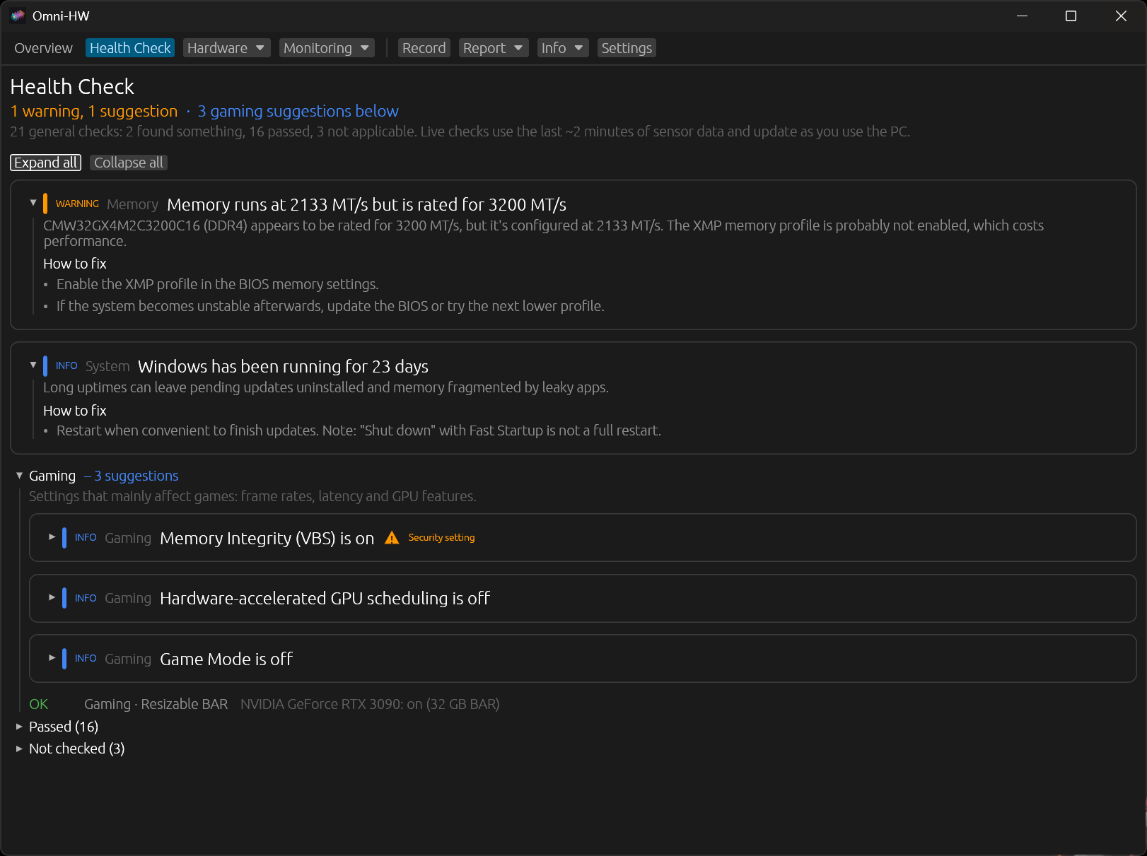 Health Check listing a memory speed warning, an uptime note and three gaming suggestions